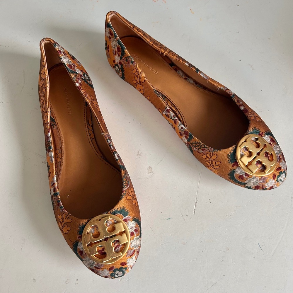 Tory Burch Chelsea Ballet Flats Size 9.5 Sunset Bonfire Brocade Gold Floral - Picture 4 of 12